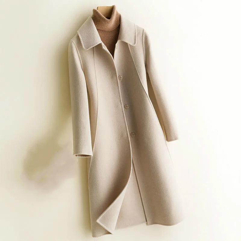

Autumn Winter Women Wool Blend Coat Elegant Single Button Pocket Solid Color Long Coat Ladies Outerwear Abrigo Mujer