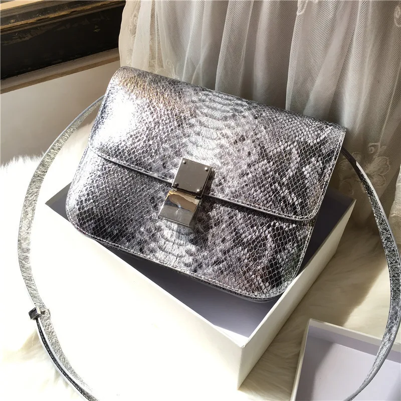 

2019 new women's bag Silver snake design tofu bag High quality Genuine Leather handbag Single shoulder slung small square bag