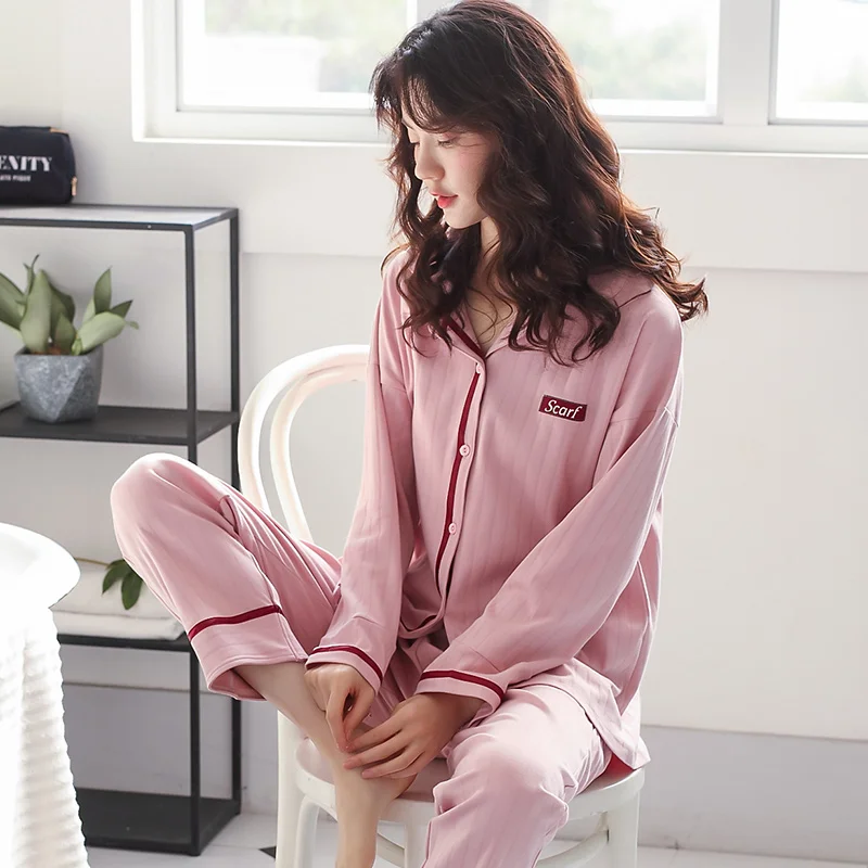 100% Cotton Pajamas for Women Korean PJ Full Sleeves Pijama Feminino Button-Down Winter Sleepwear Ladies Pink Pyjama Femme Hiver