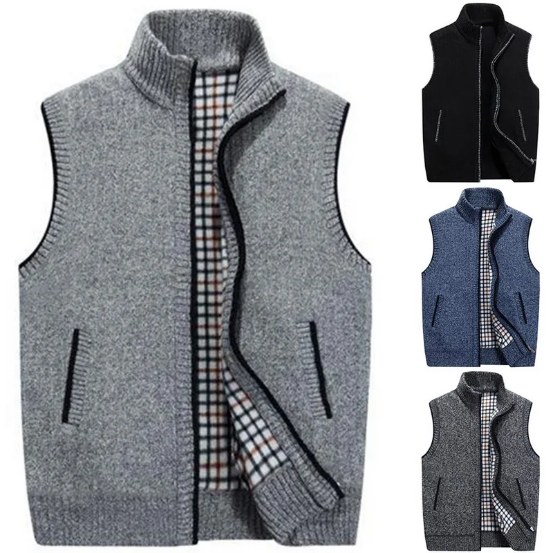 

Sleeveless Sweater Vest 2019 Mens Warm Stand Collar Cardigan Vest Autumn Winter Knit Waistcoat Cardigan Vest Pocket Zipper Coats