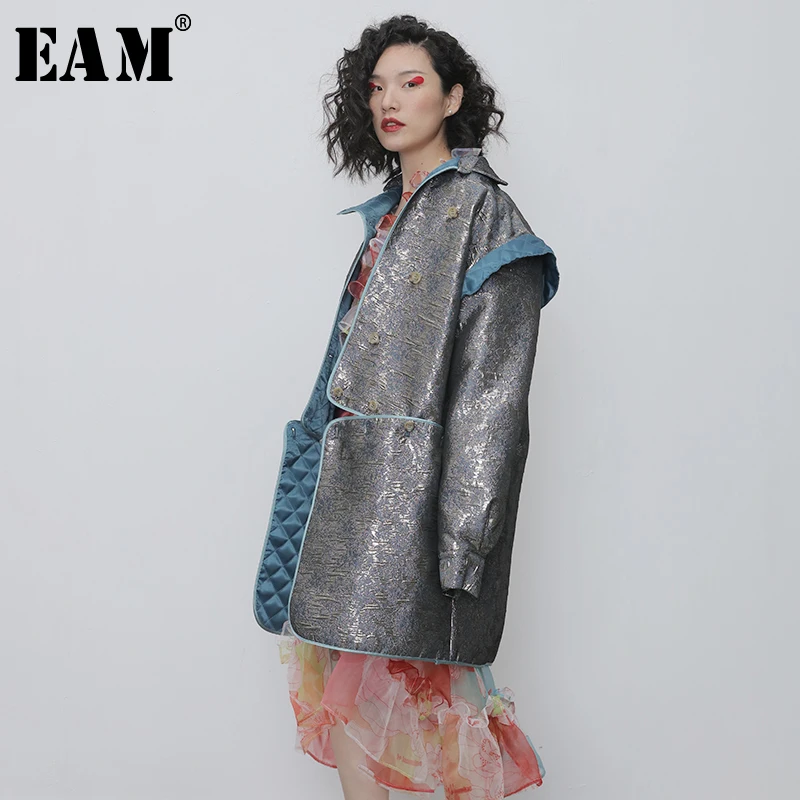 

[EAM] Loose Fit Blue Pattern Printed Asymmetrical Big Size Jacket New Lapel Long Sleeve Women Coat Fashion Spring 2020 1N316