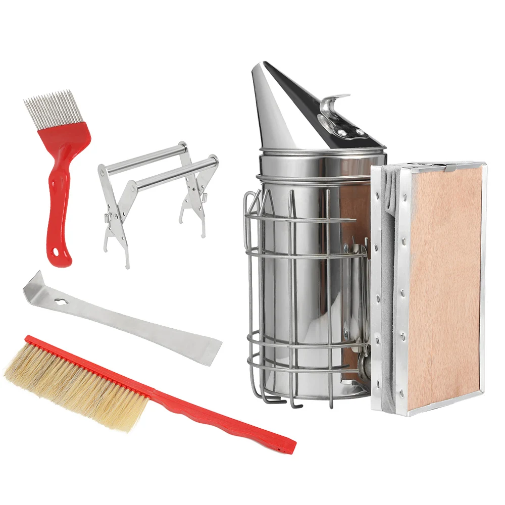 

Stainless Steel Beekeeping Bee Hive Smoker Kit with Foldable Stands 5 In 1 Equipment Tools Set Apiculture Accessories
