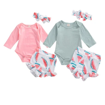 

Three Piece Baby Girls Cotton Clothes Sweet Solid Color Long Sleeve Jumpsuit Floral Printed High Waist Shorts Pants 0-24 Months