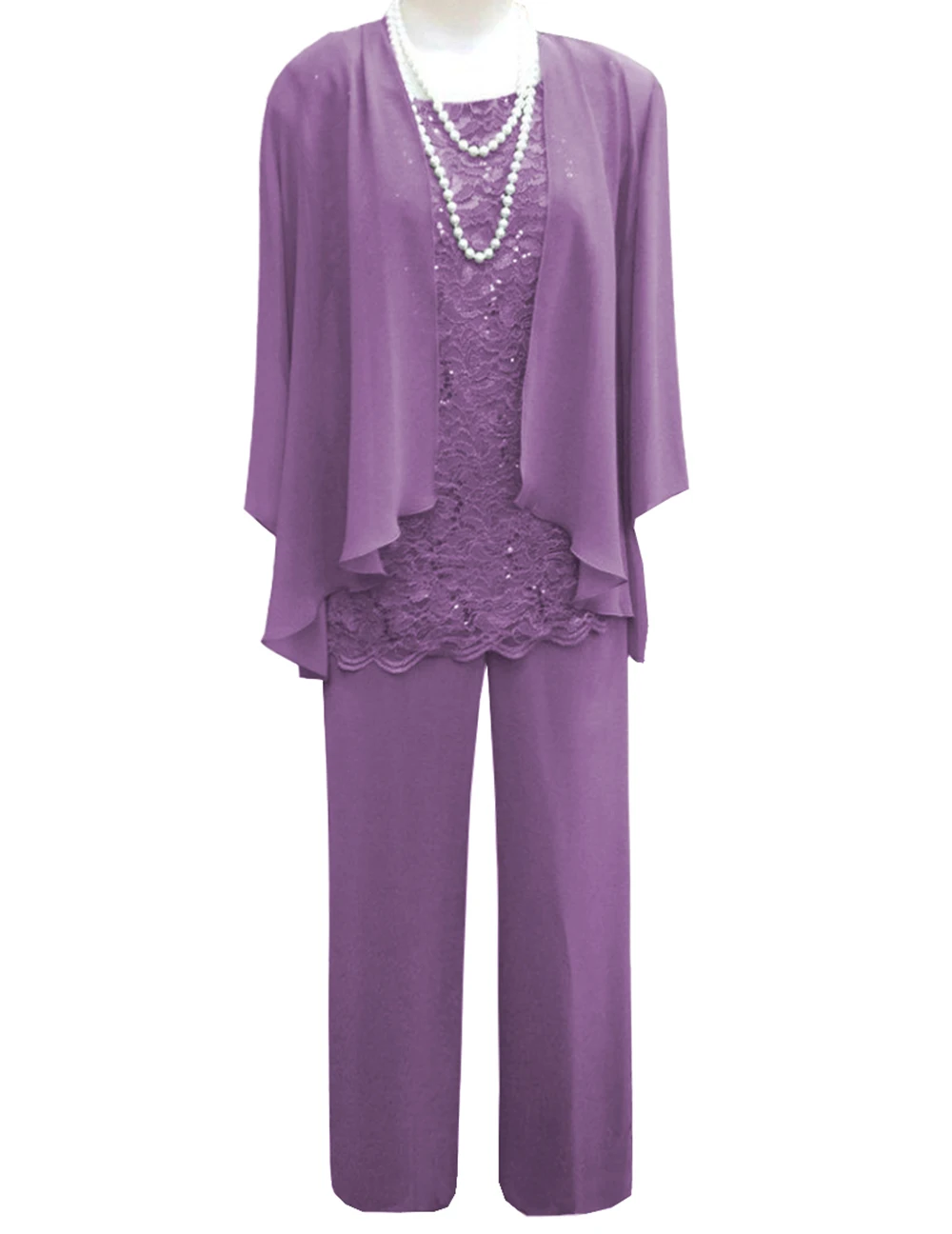 Light Purple Женский комплект из 3 предметов, кружевное шифоновое платье для матери невесты, брючный костюм с жакетом, наряд с рукавами 3/4 для свадьбы, жениха - Цвет: Light Purple