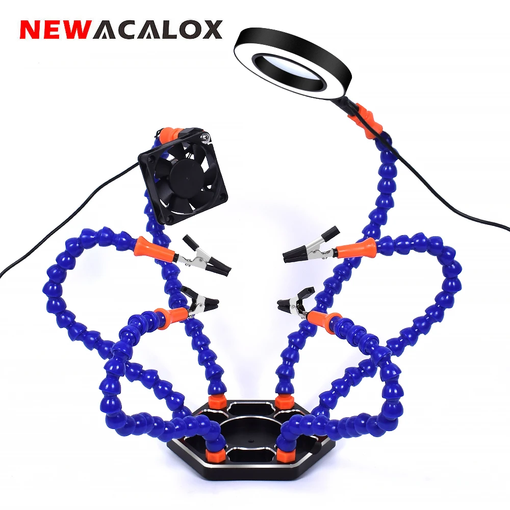 NEWACALOX Soldering Third Hand Tool with USB Welding Smoke Exhaust Fan 3X LED Illuminated Magnifying Glass Soldering Holder Tool