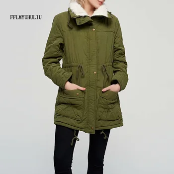 

Winter new warm cotton-padded jacket thick lapels long solid color parker large pockets drawstring ladies cotton jacket