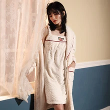 Зимние Халаты женские коралл, овечья шерсть, халат для ванной Домашняя одежда теплое плотное платье сексуальное ночное белье Ночная юбка Женская Новинка ночное белье 2 шт