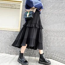 Комбинированная плиссированная юбка осень и зима новая Асимметричная длинная юбка русалки черная, серая Женская юбка