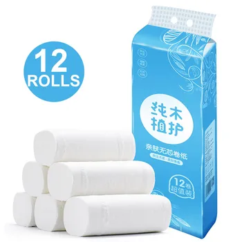 

12 Rolls Coreless Roll Paper 4-Layer Thicken Wood Pulp Paper Towel Household Toilet Paper Bathroom Tissue