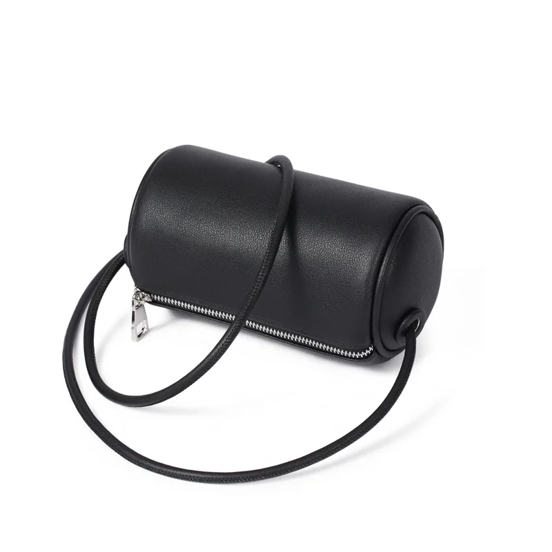 Women Cowhide Shoulder Bags Pure color Pillow Bag Short trip travel bag fashion Slanting bag - Цвет: black