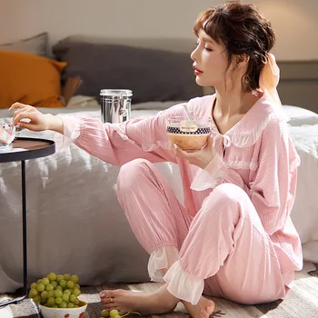 

2020 Autumn New Cotton Pajamas Female Korean Version of The Palace Style Pink Sweet Home Service Two-piece Suit Loungewear Women