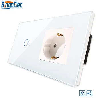 

Bingoelec 1 Gang 2 Way Touch Dimmable Switch EU Standard Tempered Glass Panel With 16A Germany Socket Wall Switch AC 220 V