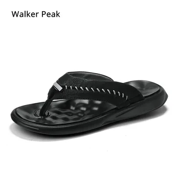

Mens Flip Flops Genuine Leather Slippers Summer Fashion Male Beach Sandals Shoes For Man Casual shoes 2019 Brand Walker Peak