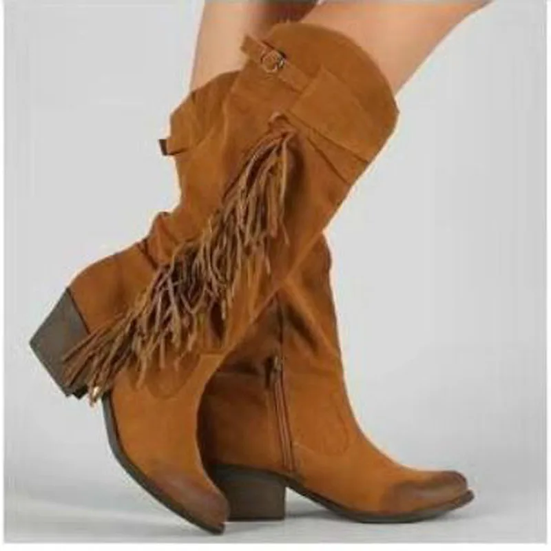 Женские ботинки до середины икры; chaussure boots; винтажные теплые ботинки на высоком каблуке с круглым носком; женская обувь с бахромой; zapatos mujer sapato; большие размеры; H1082