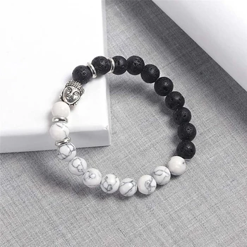 

Classic Sliver Plated Buddha Beads Bracelets&Bangles Charm Men Black Natural Volcanic Stone Strand Bracelet Women Prayer Jewelry