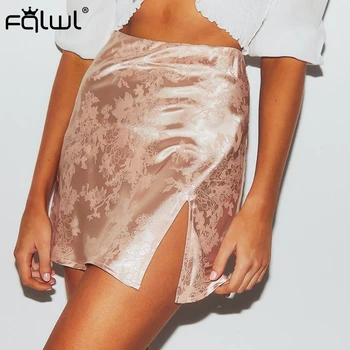 

FQLWL Floral Print Split Bodycon Satin Skirts Womens Pink Green Skater High Waist Skirt Female Summer Pencil Short Sexy Skirt