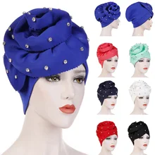 Модная женская мусульманская шляпа однотонная Цветочная тюрбан шляпа горный хрусталь раковая бандана для химиотерапии головной убор