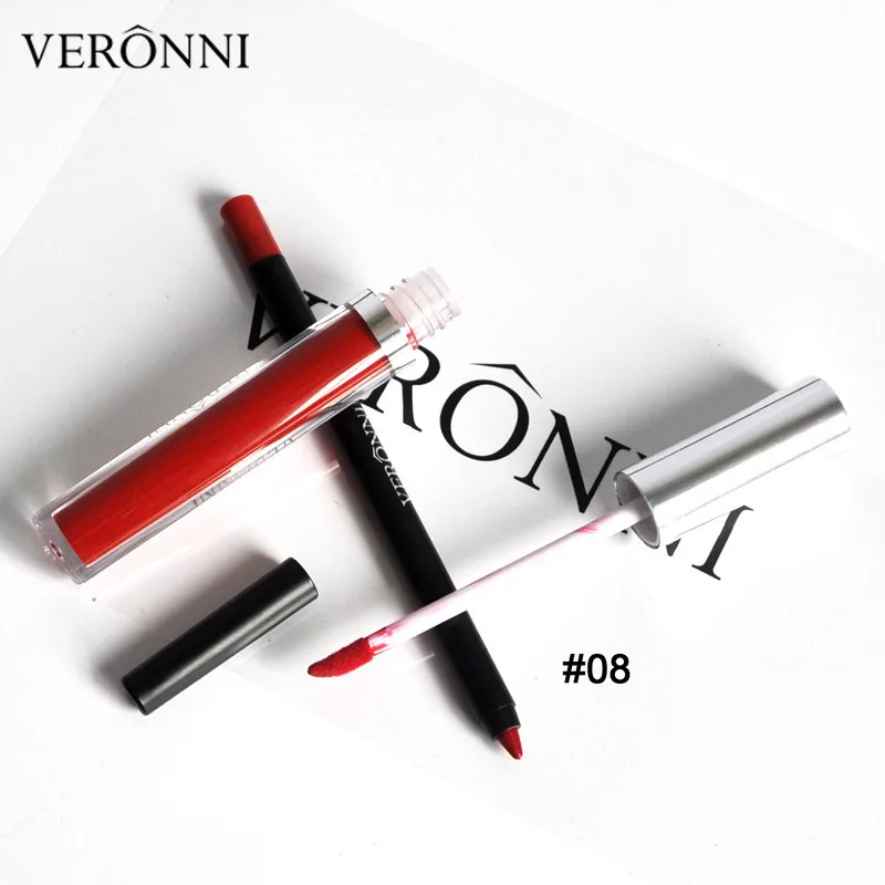 VERONNI Matte Lipgloss Sexy Liquid Lip Gloss with Lipliner Long Lasting Waterproof Cosmetic Beauty Keep 24 Hours Makeup lipgloss