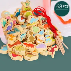 Juego de cuerda roscada para niños, juguete Montessori de bloques de dinosaurios de partículas grandes, 68 piezas + 6 cuerdas, DIY