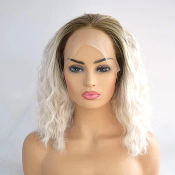 

Hand Tied High Temperature Fiber 1B to Platinum Curly Short Bob Natural Wave Heat Resistant Synthetic Lace Front Wigs for Party