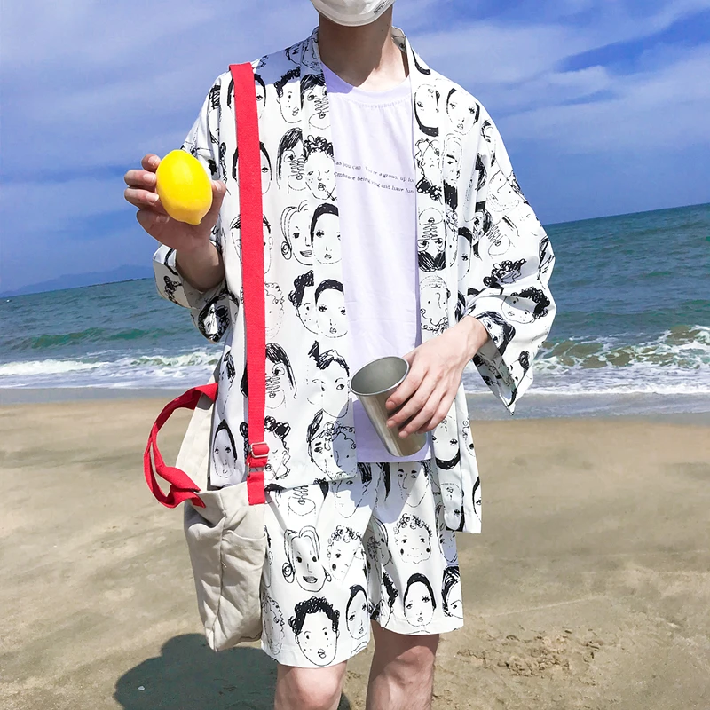 2 шт. унисекс японская одежда в стиле кимоно комплект мода Harajuku печати кардиган хаори шорты юката уличная летняя пляжная одежда - Цвет: Set9
