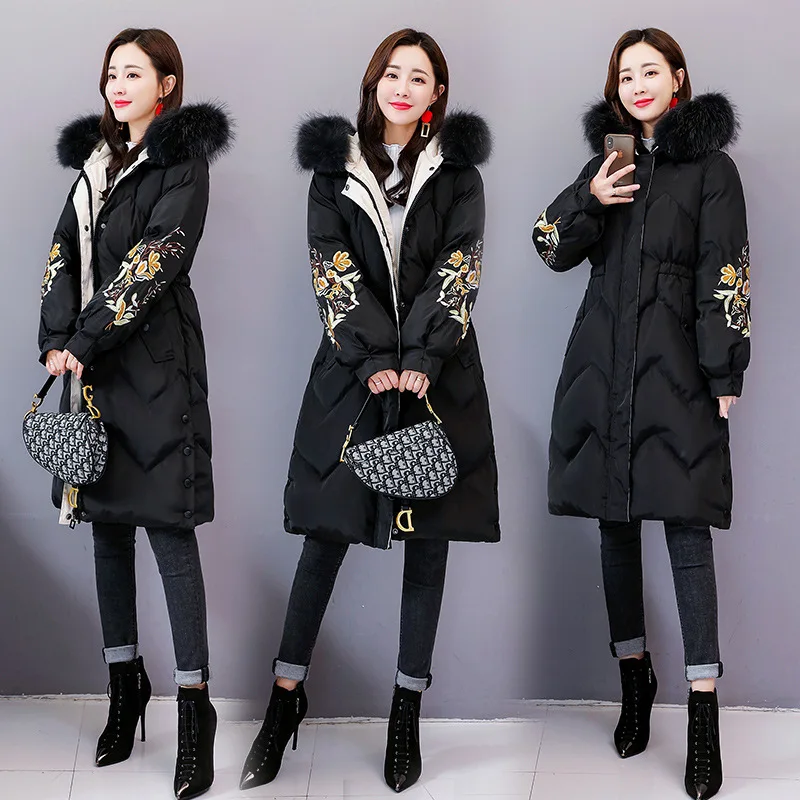

Mid-length 2018 Winter New Style Loose-Fit Comfortable Simple Cotton-padded Clothes with Large Fur Collar Long Sleeve Zipper Poc