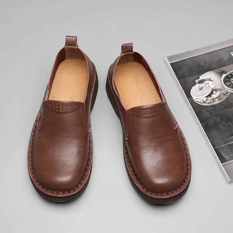 New Arrival Men's Slip On Genuine Leather Work &amp Safety Big Round Toe Shoes Business Man Casual Oxfords Coffe | Обувь