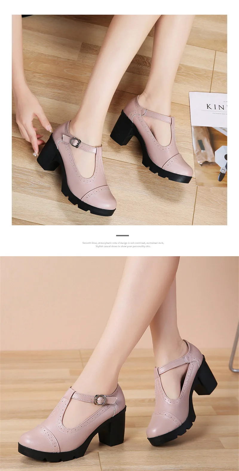 Size 34-43 Pumps Women's Shoes Buckle T-Strap Leather Oxfords Shoes Mary Jane Retro Mid-Heel Ladies Platform Single Pumps Shoes (13)