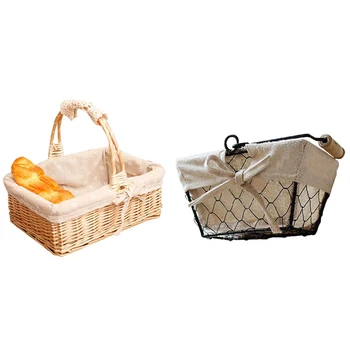 

2 Pcs Snacks Candy Fruit Picnic Basket Toy Organizer Box Shopping Basket, Willow & Iron