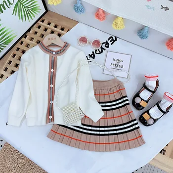 

Jargazol Fall Kids Clothes Fashion Korean Knit Sweater Cardigan&stripes Skirt Fashion Little Girls Clothing Set Children Outfits