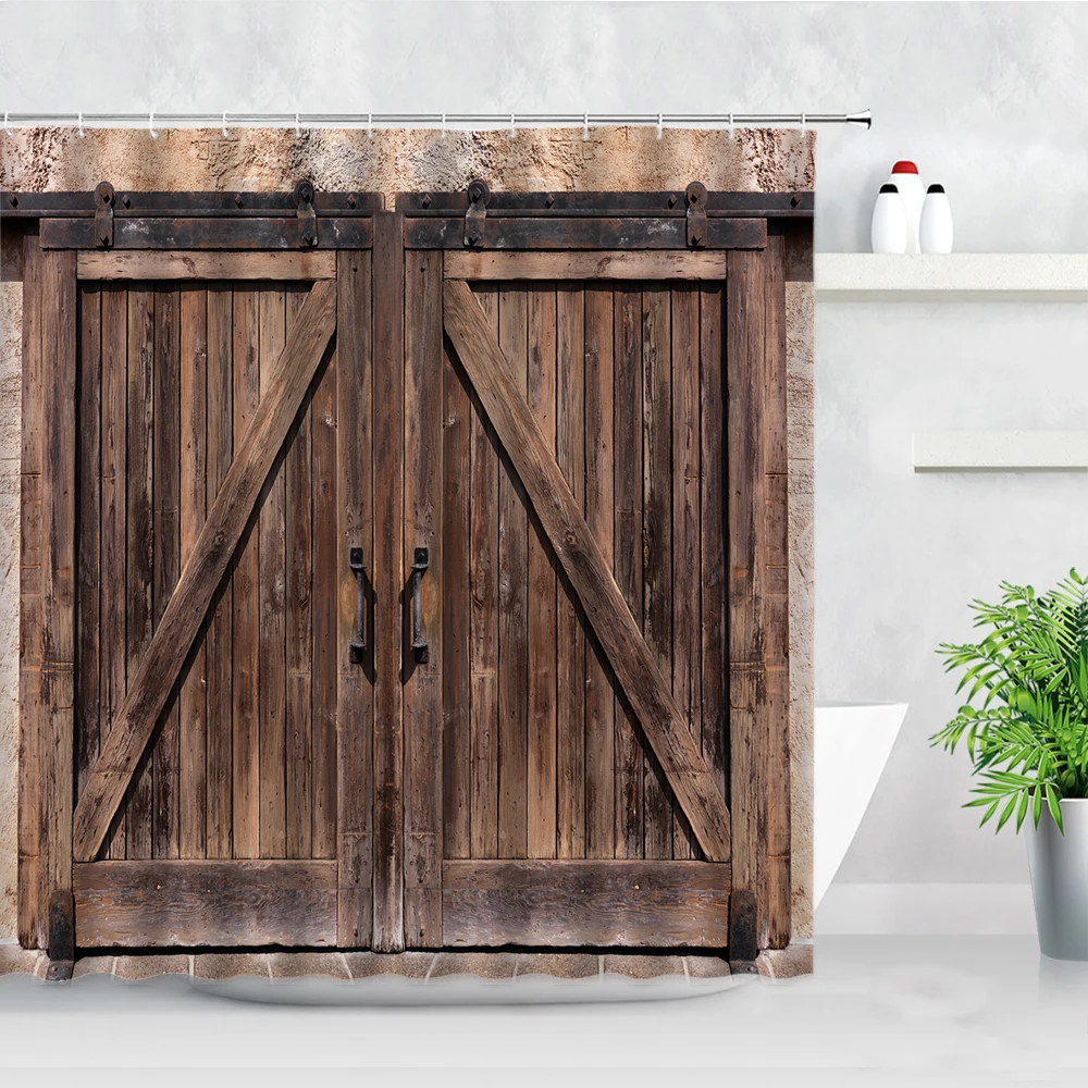 Shower Curtains Retro Rustic Wood Doors Shower Curtains Vintage Farm Barn Old Door Home Decor Waterproof Polyester Fabric Bathroom Curtain Set
