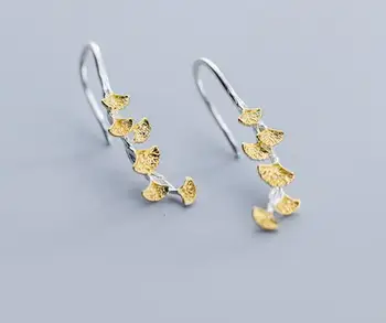 

Authentic 1Pair Real 100% 925 Sterling Silver fine Jewelry Golden gingko Leaf Hook dangle Earrings GTLE2557