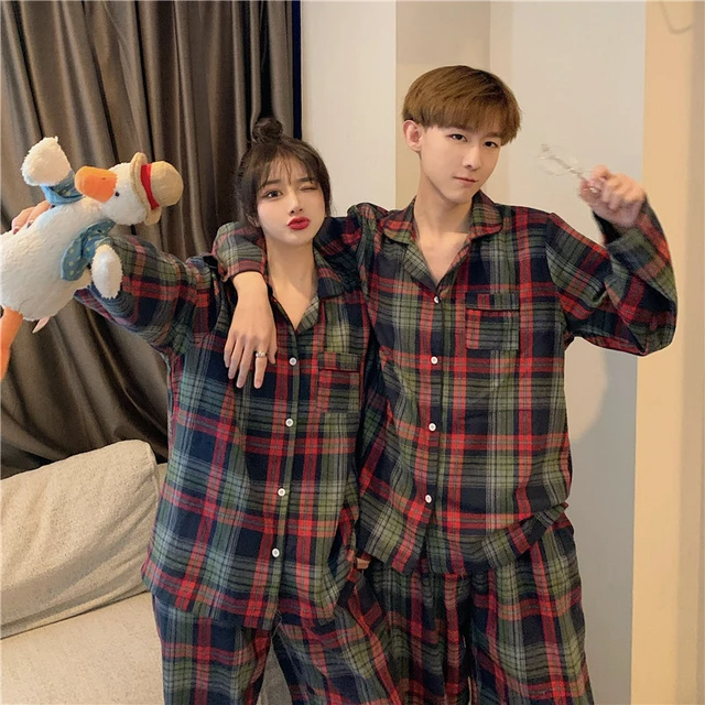 Pyjama d'hiver à carreaux pour couple, vêtements de maison, vin rouge vert, ensemble  vêtements d'
