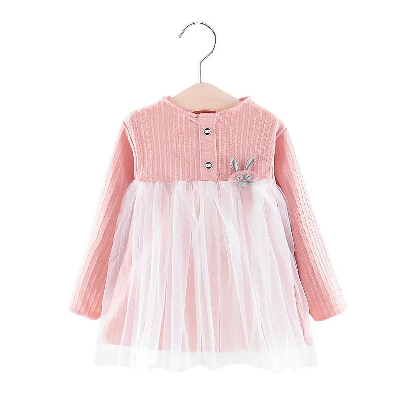 P Casual Baby Girls Dress Solid Print Mesh Dress Cotton Kids Toddler Long Sleeve Sundress - Цвет: P