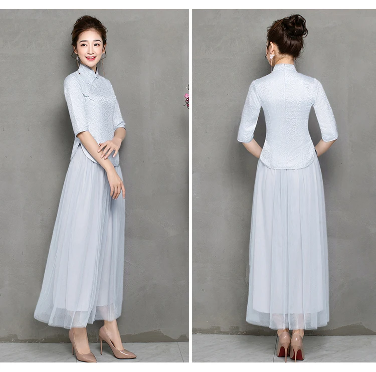 Винтажная одежда сетчатая с вышивкой цветы женские элегантные Cheongsam платья серого цвета для подружек невесты сестры вечерние и свадебные гость сексуальные Пром Vestido