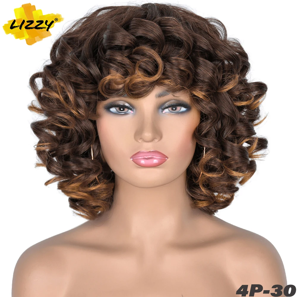 Short Hair Afro Curly Wig With Bangs Loose Synthetic Cosplay Fluffy Shoulder Length Natural Wigs For Black Women Dark Brown 14