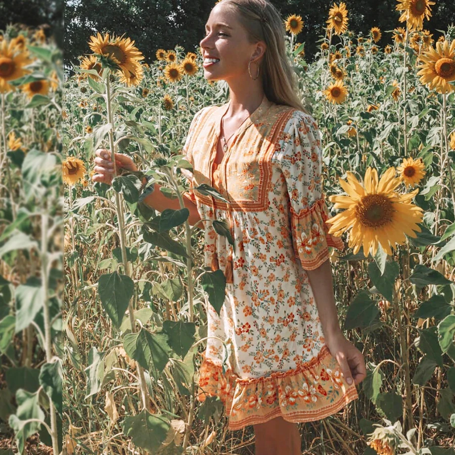 Женское мини платье из вискозы с коротким рукавом и V образным вырезом|Платья| |