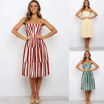 

2020 Summer Sexy Camisole Loose Stripe Spaghetti Strap Long Women Dress Vintage Tea Length Beach Dress платье для выпускного