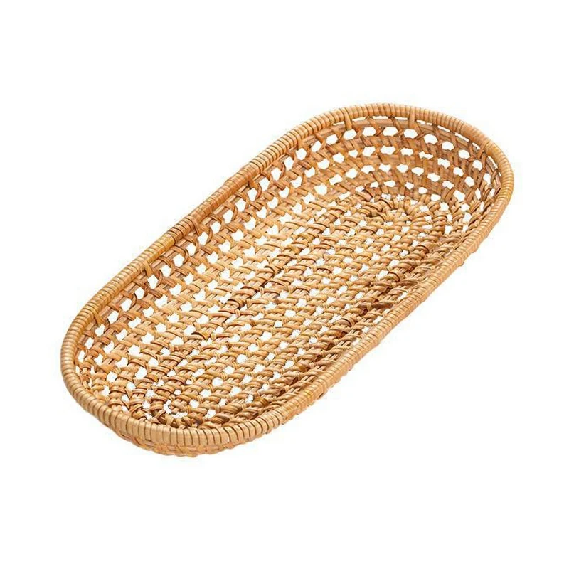 Rattan Storage Tray Round Oval Basket Hand-Woven Wicker  Tray Bread Basket Fruit Food Breakfast Display Plate Kitchen Tools 6