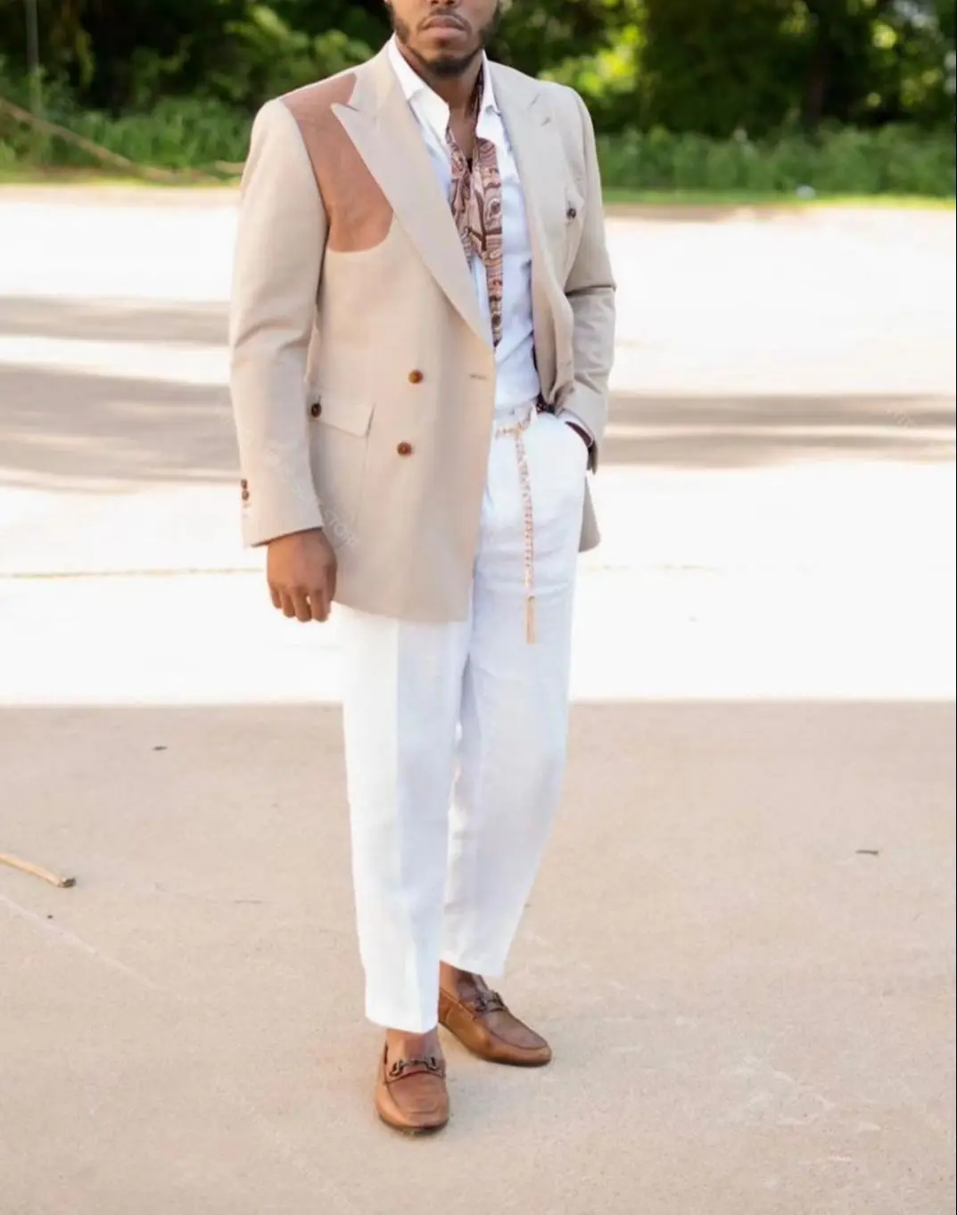 

Suit Supply Apricot Suede Stitching Men Suits For Wedding Jacket Pant Formal Slim Stylish Design Style Mens Clothing Tailor-Made