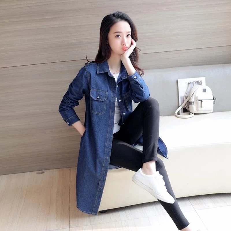 2021 봄 가을 여성 데님 자켓 롱 자켓 풀 슬리브 싱글 유방 슬림 루스 캐주얼 워시 코트
