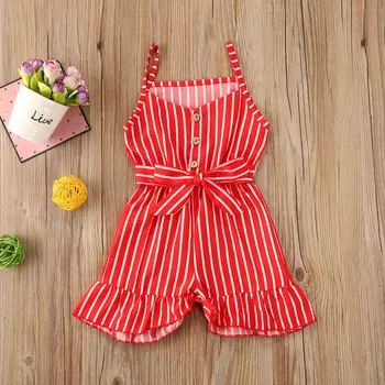 

Lovely Infant Baby Girls Rompers Overalls Striped Print Sleeveless Ruffles Jumpsuits Outfits 4 Colors