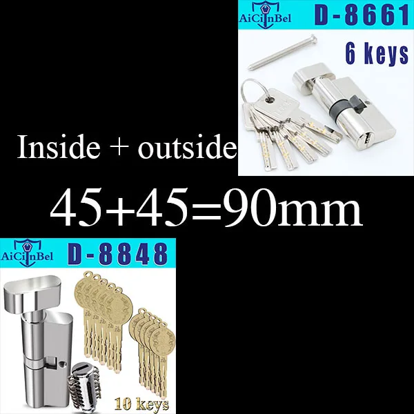 Европейский стандарт, дверной цилиндр, медный замок, цилиндр, внутренний, для спальни, гостиной, безопасная дверная ручка, латунный замок для ключей - Цвет: 90mm45add45