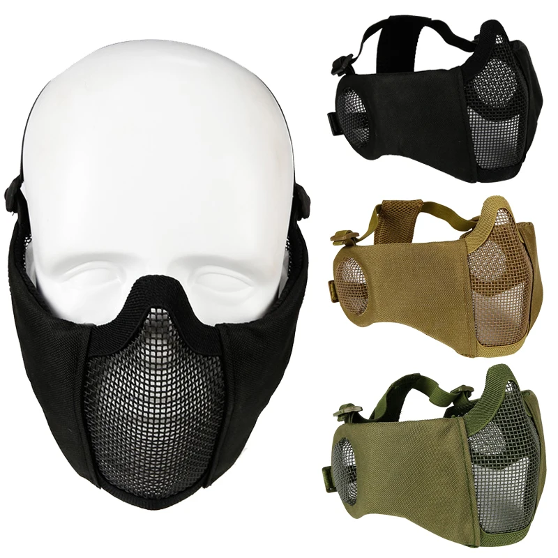 Outdoor Tactical Steel Mesh Mask Breathable Hunting Airsoft Paintball Cycling Half Face Mask Protective Strap Face Cover