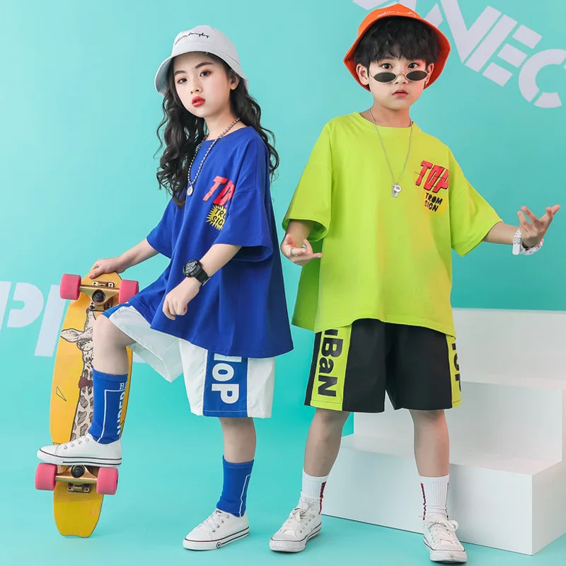 

Children Hip Hop Hip Hop Performance Set Summer Girls Jazz Dancing Dress BOY'S Loose Short Sleeve Shorts Clothes