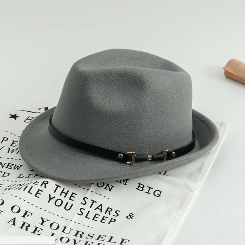 grey fedoras Женская мода джаз шляпа осень зима полушерстяная Кепка открытый пояс Кепка с пряжкой - Цвет: grey