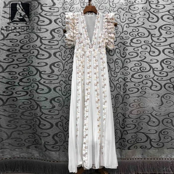 

AELESEEN Runway Fashion Summer Dress 2020 High Quality Summer Dress Flower Embroidery Lace Patchwork Appliques Ruffles Dress