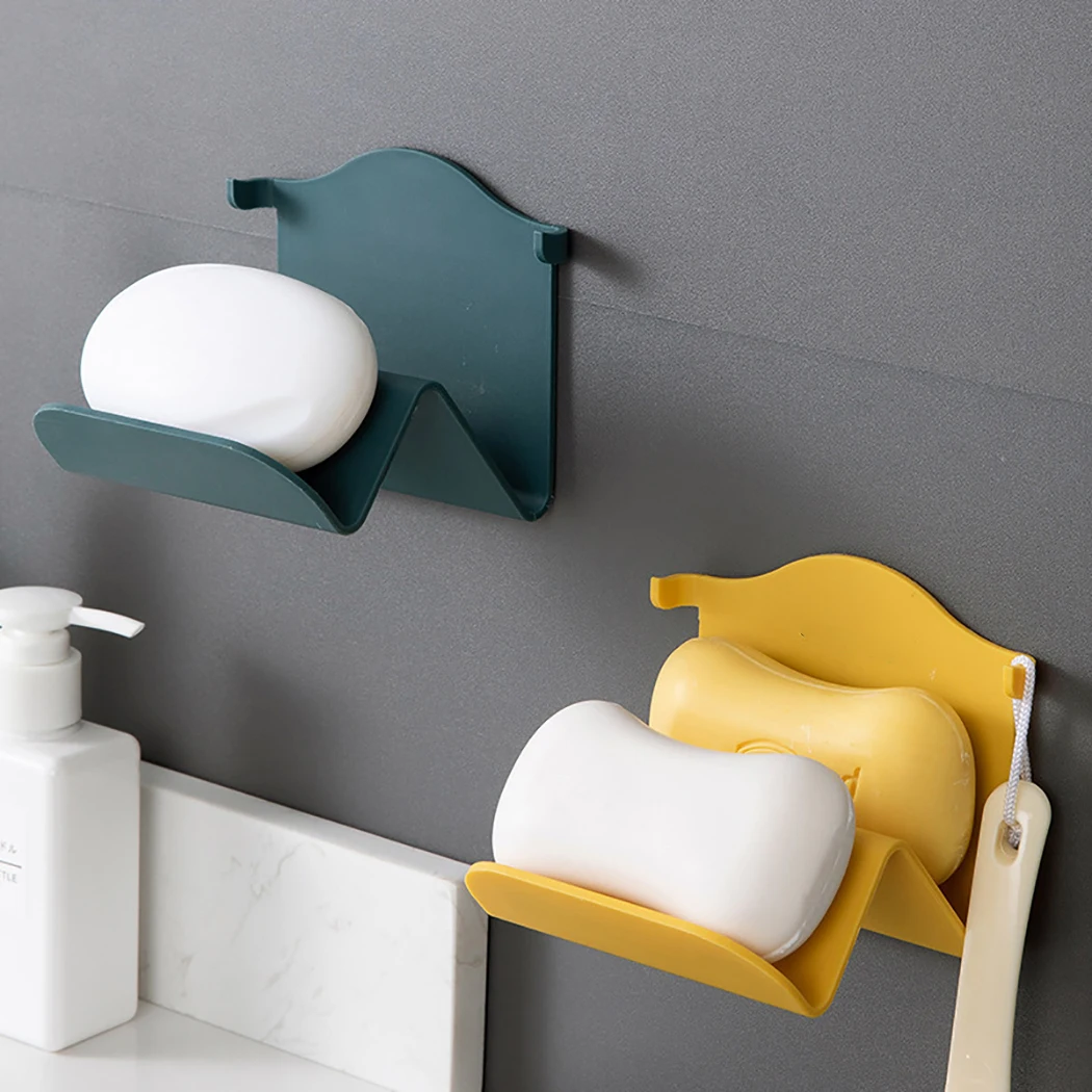 

2PCS Wall Mounted Soap Holder With Sticker W Shape PP Plastic Soap Saver Box Phone Storage Rack Bathroom Towel Hanger 2 Colors