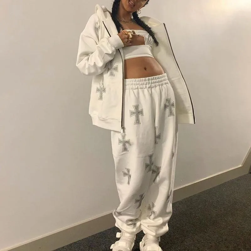 two piece skirt and top Two Piece Set Hip Pop Rhinestone Tracksuit Women Winter 2021 Female Set Loose Zipper Hooded Jacket Long Sleeve With SportPants cute two piece sets