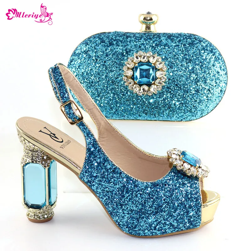 

High Quality Italian Woman Sky Blue Heels Shoes And Bag Set African Style Rhinestone Woman Shoes And Bag Set